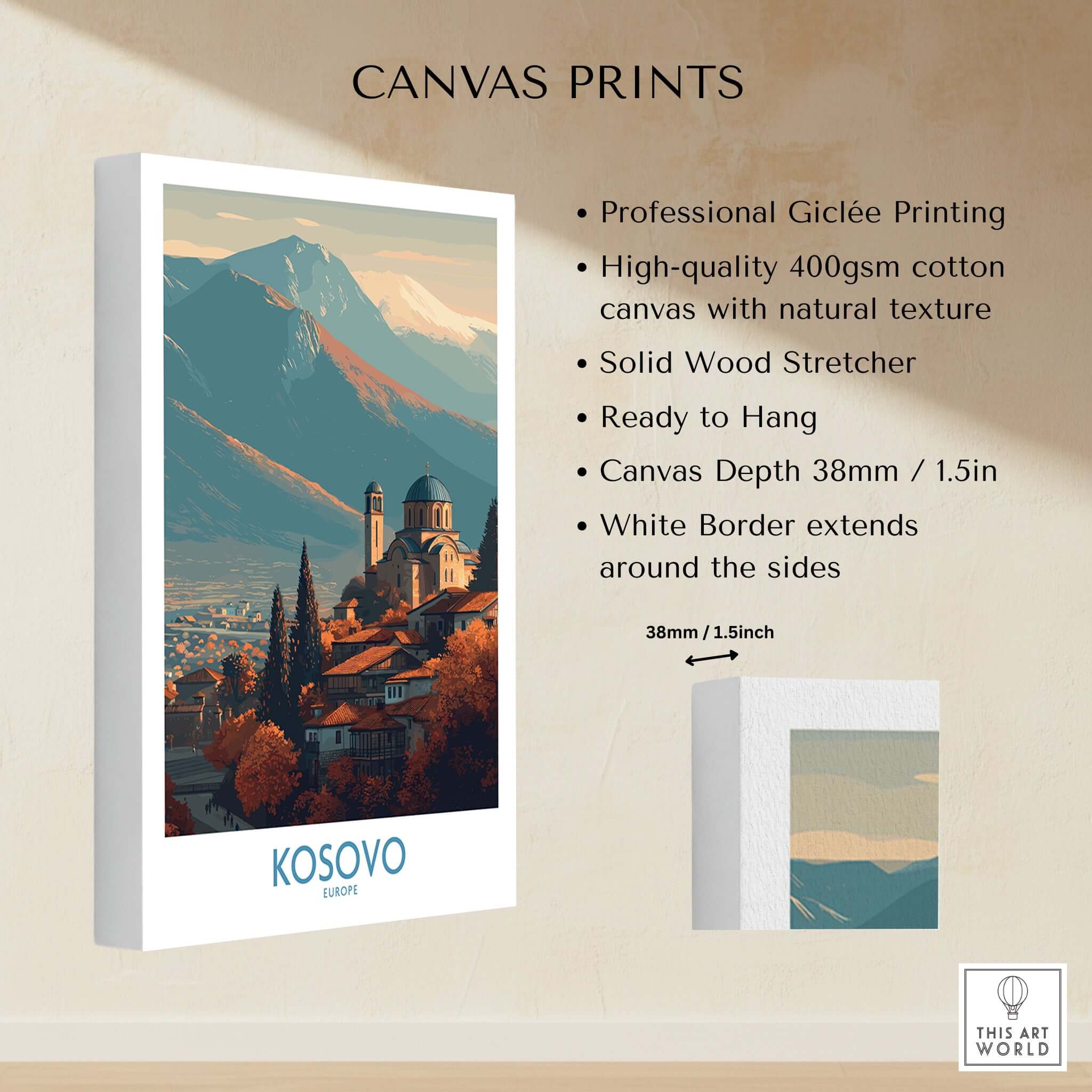 Kosovo Monastery and Mountains Art Print | Autumn Balkan Landscape Poster details, showcasing professional Giclée printing and canvas texture.