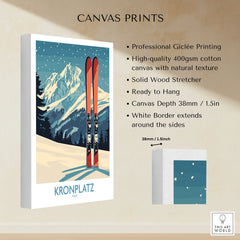 Kronplatz Italy travel poster on stretched cotton canvas with skis, snowy mountains, canvas detail