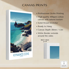 Kynance Cove Cornwall Poster | Scenic Sea Cliffs & Beach Canvas Print detail, showcasing professional Giclée printing and solid wood stretcher.