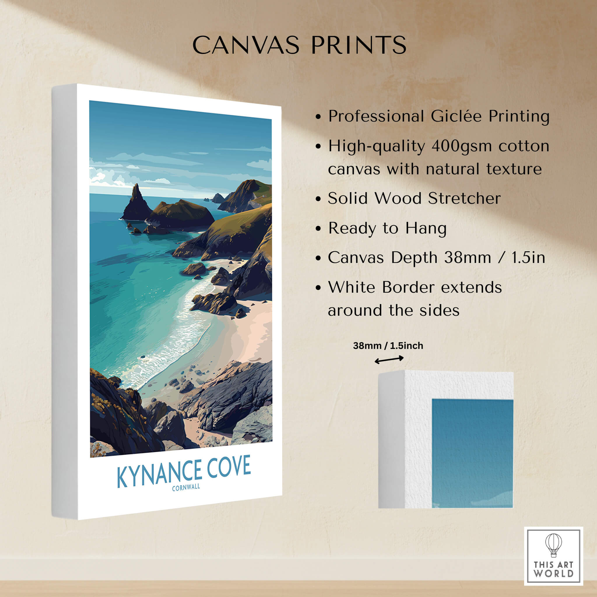 Kynance Cove Cornwall Poster | Scenic Sea Cliffs & Beach Canvas Print detail, showcasing professional Giclée printing and solid wood stretcher.