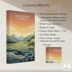 Lake District National Park canvas wall art with sunset mountains and lake illustration