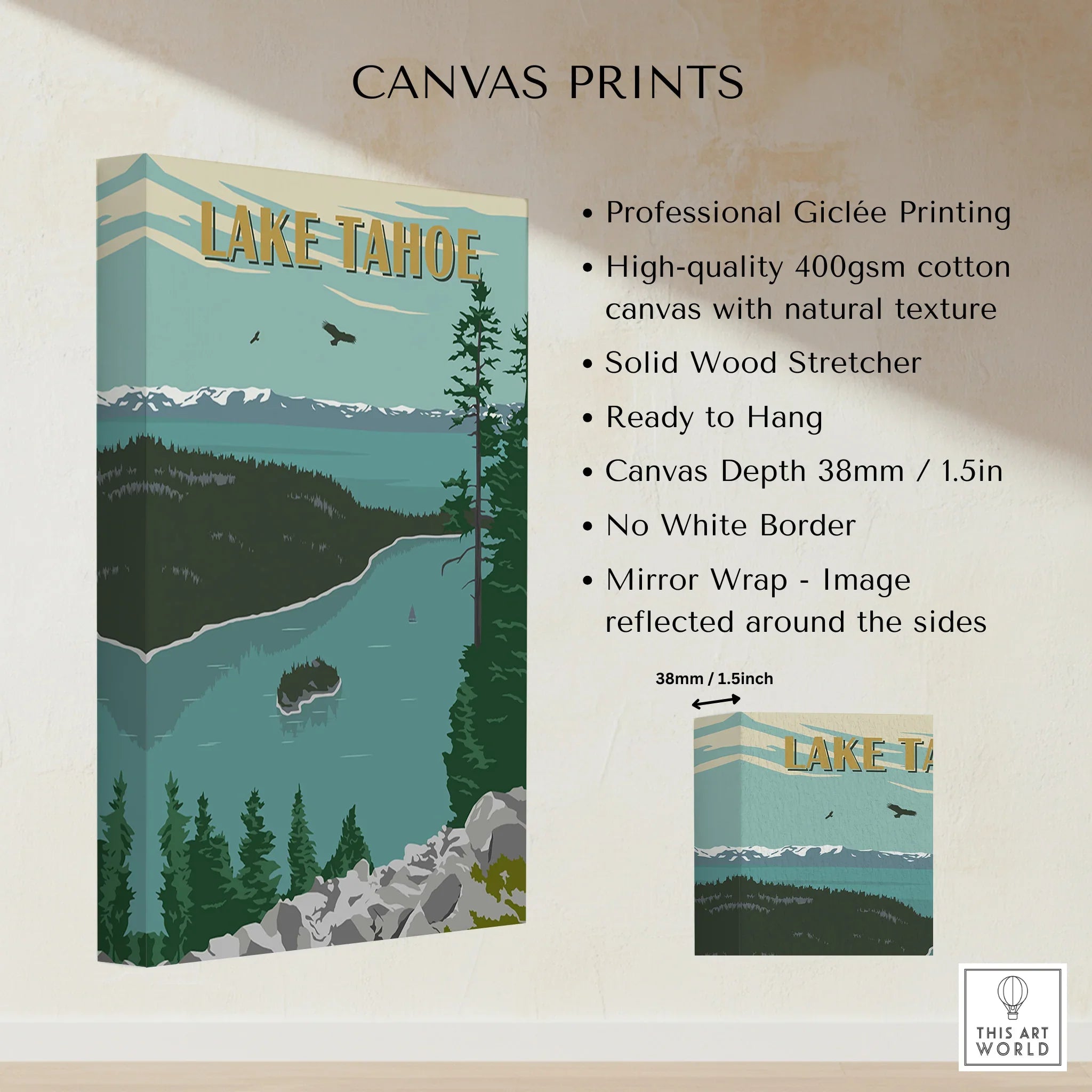 Lake Tahoe canvas print wall art with mountains, pine trees, and lake in vintage style.