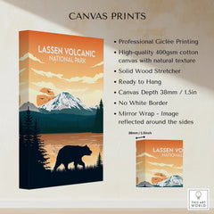 Lassen Volcanic National Park canvas print with mountain, bear, forest, and sunset details.