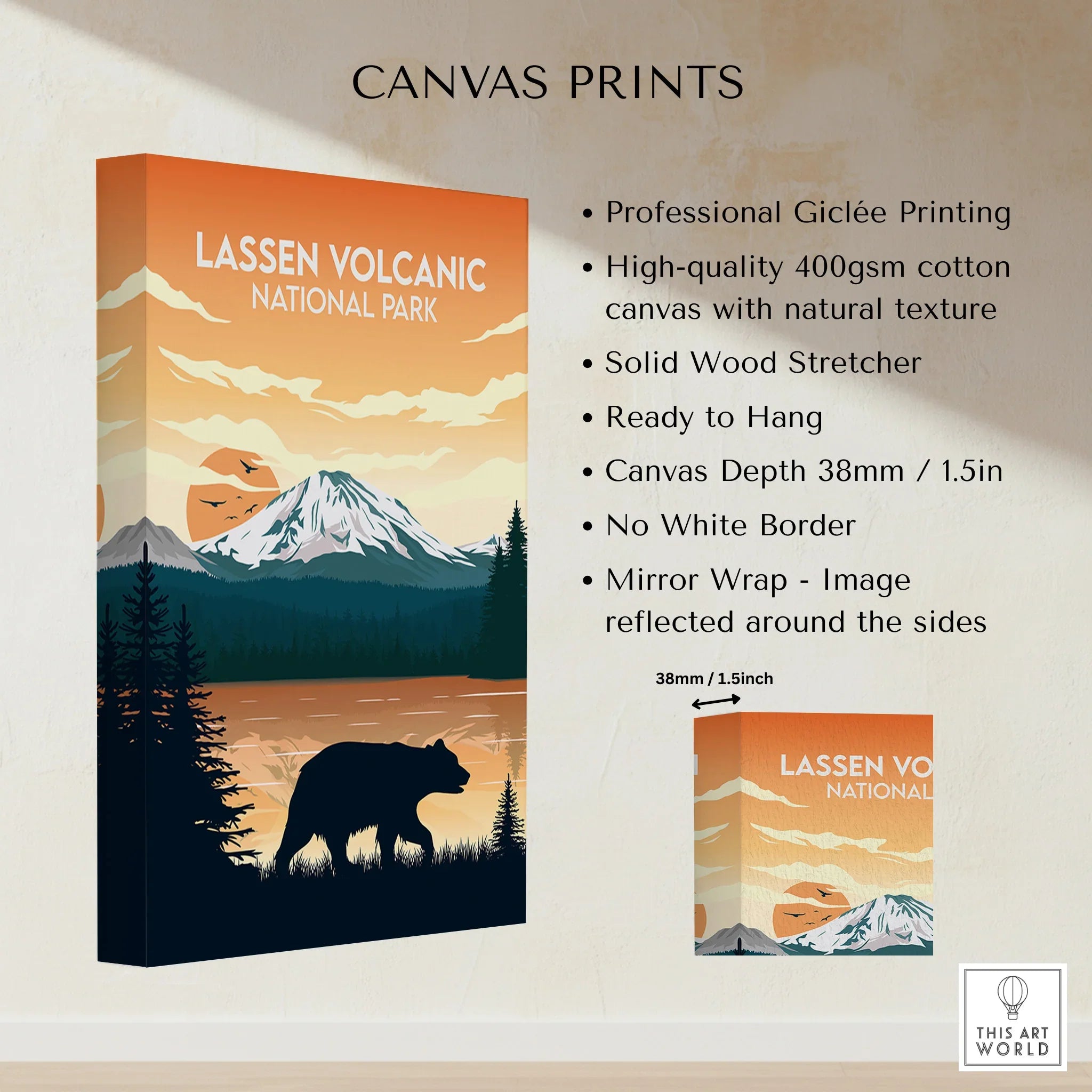 Lassen Volcanic National Park canvas print with mountain, bear, forest, and sunset details.