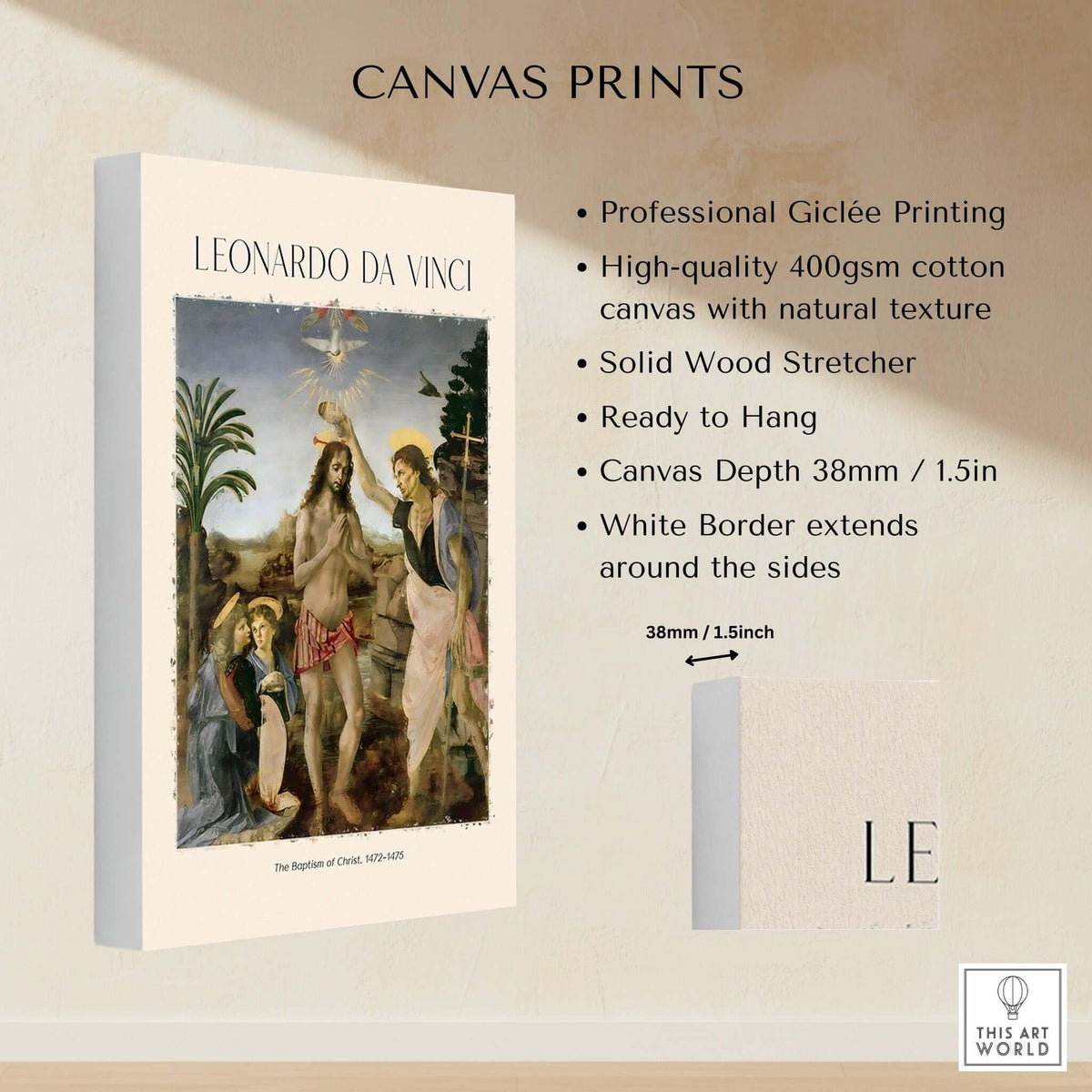 Leonardo da Vinci Art Print The Baptism of Christ 1470s Canvas Print with natural texture and solid wood stretcher.