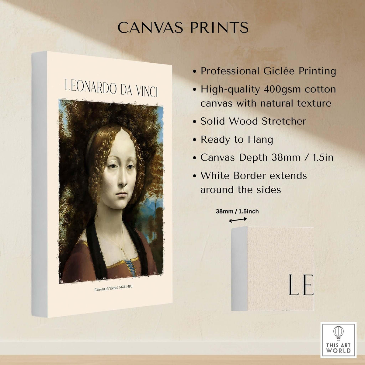 Leonardo da Vinci Art Print - Ginevra de Benci c1474 Early Renaissance Portrait Art Print displayed on canvas.