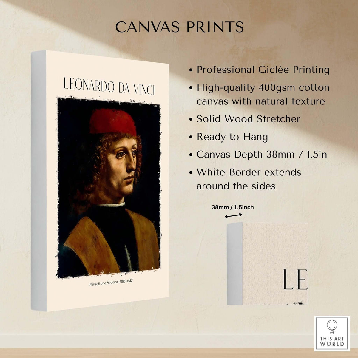 Leonardo da Vinci Art Print - Portrait of a Musician 1480s Early Male Portrait Art Print with canvas details.