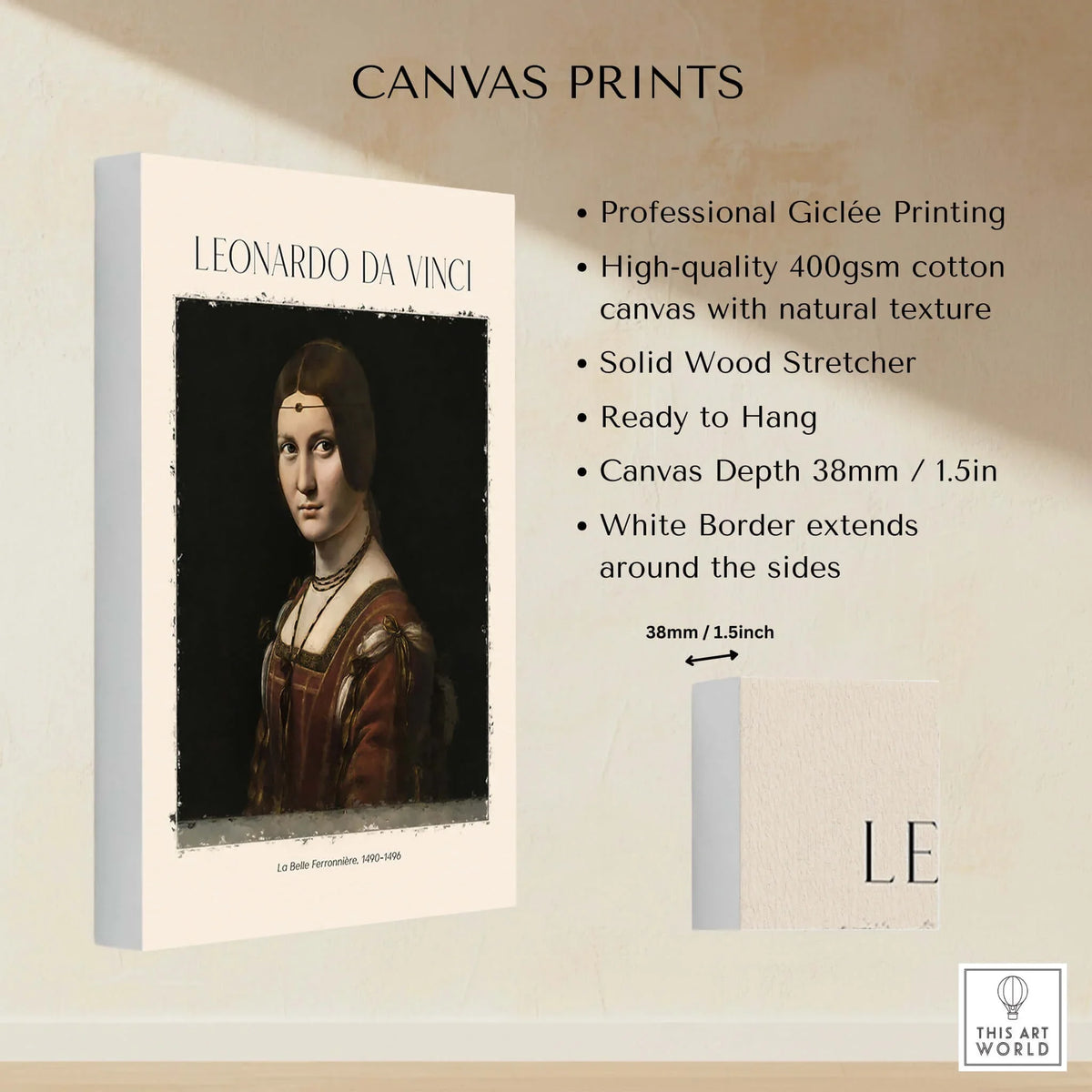 Leonardo da Vinci La Belle Ferronnière 1490s Renaissance Portrait Art Print canvas print showcasing professional Giclée quality.
