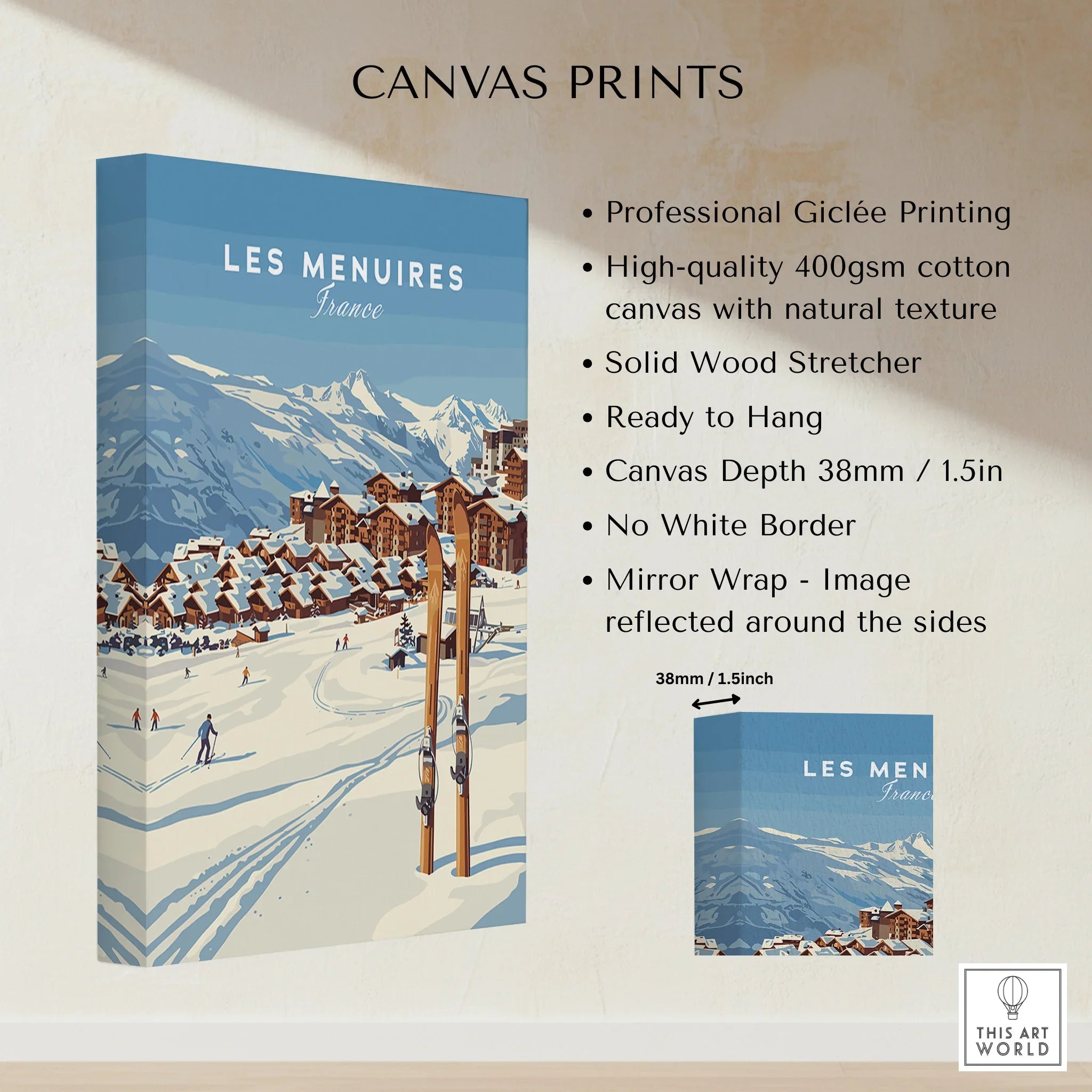 Les Menuires France canvas print with snowy mountain scene, cozy village, and skis in foreground.