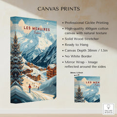 Les Menuires France travel poster canvas print showing snowy mountain village scene, skier, and pine tree.
