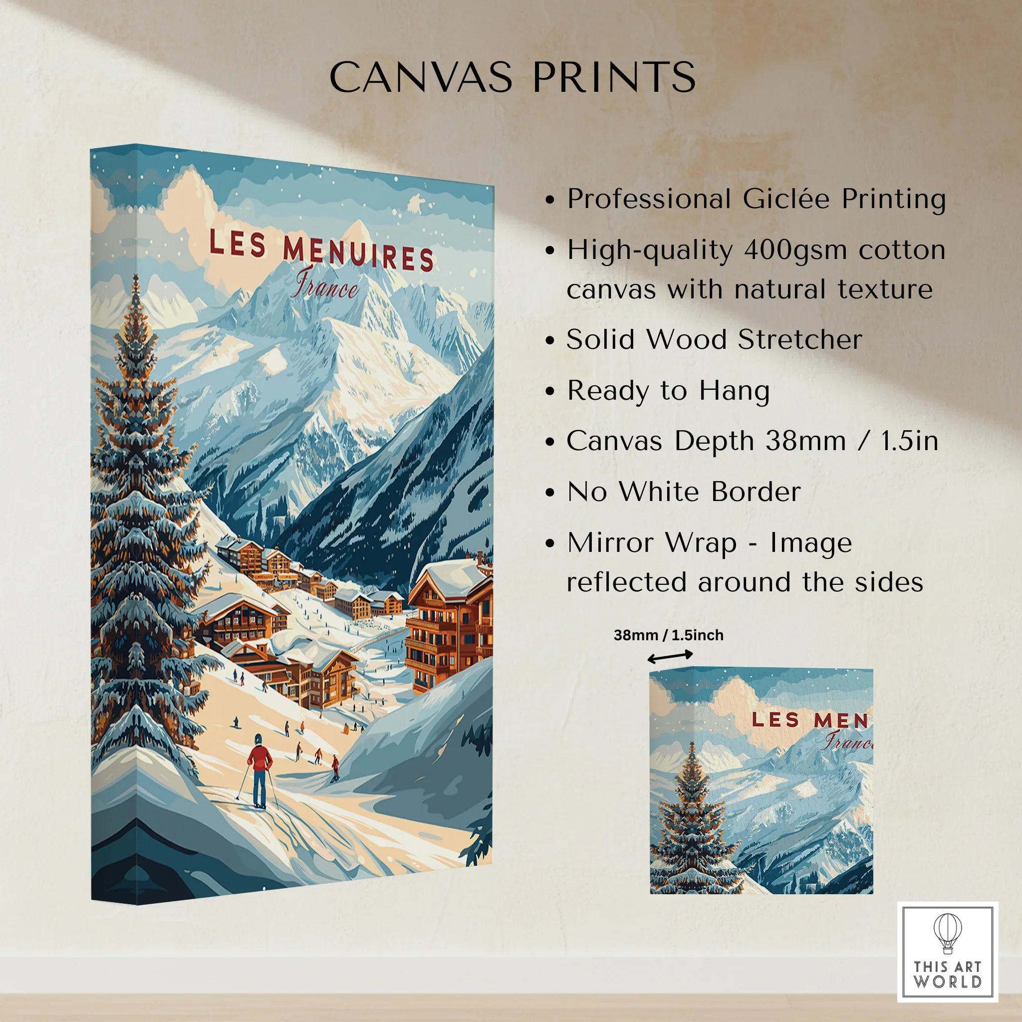 Les Menuires France travel poster canvas print showing snowy mountain village scene, skier, and pine tree.
