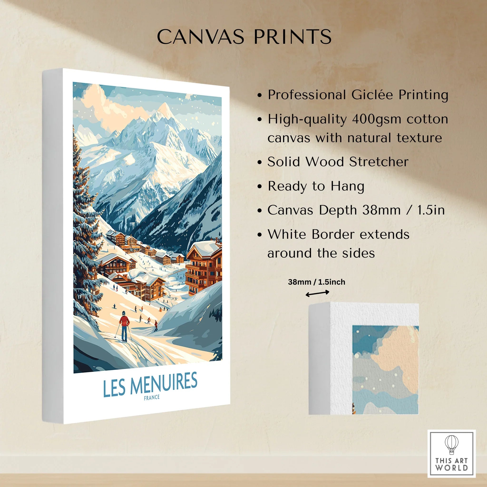 Les Menuires France canvas wall art print with snowy alpine village and mountains, cotton canvas details