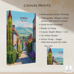 Lewes England canvas print with colorful street view, cotton texture, and mirror wrap edges