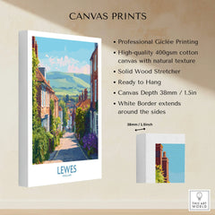 Lewes England canvas print with colorful street scene, 400gsm cotton, ready to hang, white border