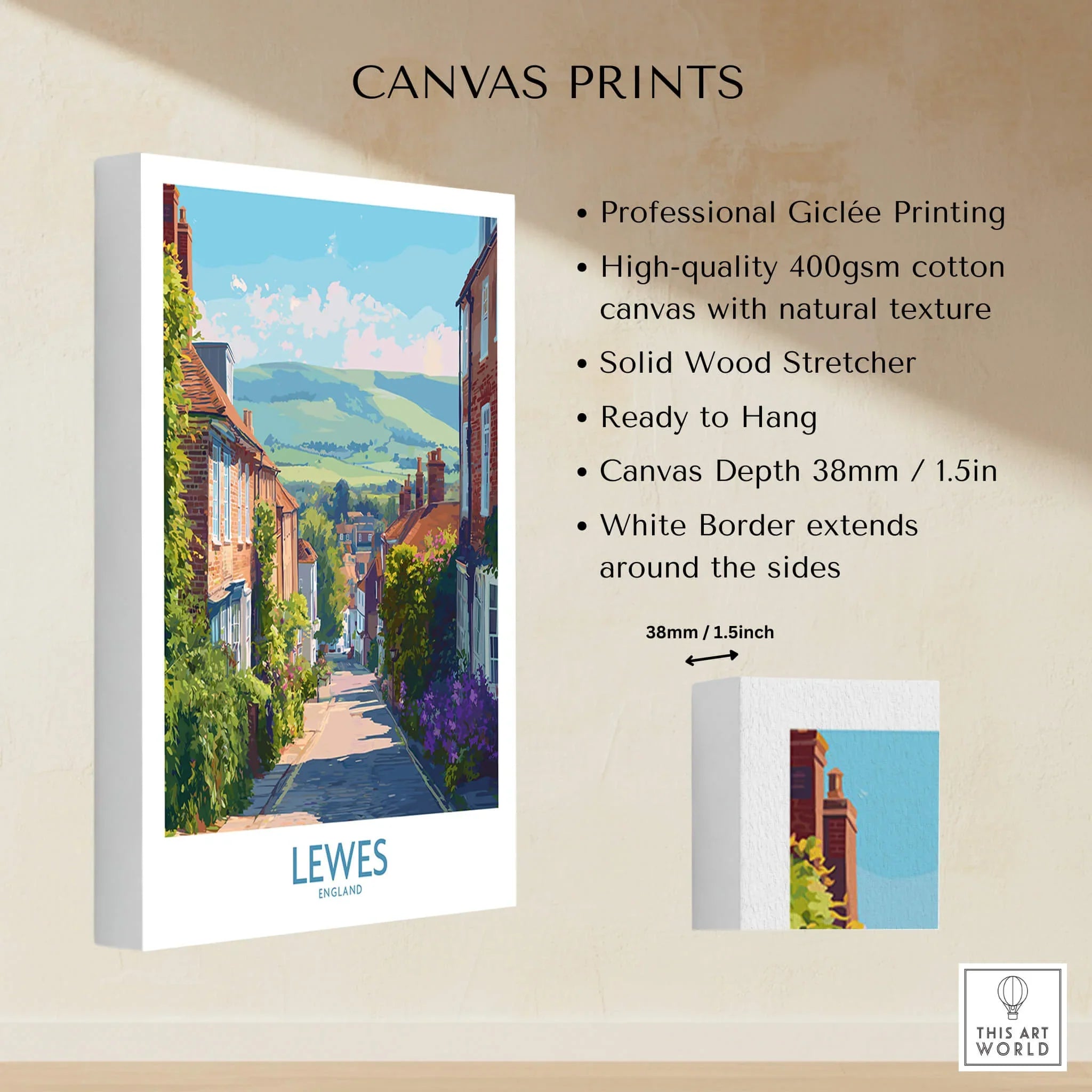 Lewes England canvas print with colorful street scene, 400gsm cotton, ready to hang, white border