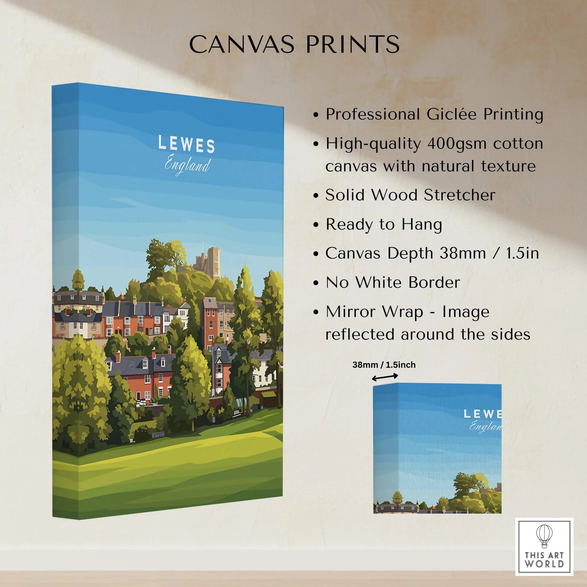 Lewes England canvas print with colorful houses, castle, trees, and canvas details