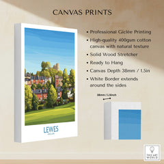 Lewes England travel poster canvas print with colorful town and castle, high-quality stretched cotton canvas, ready to hang.