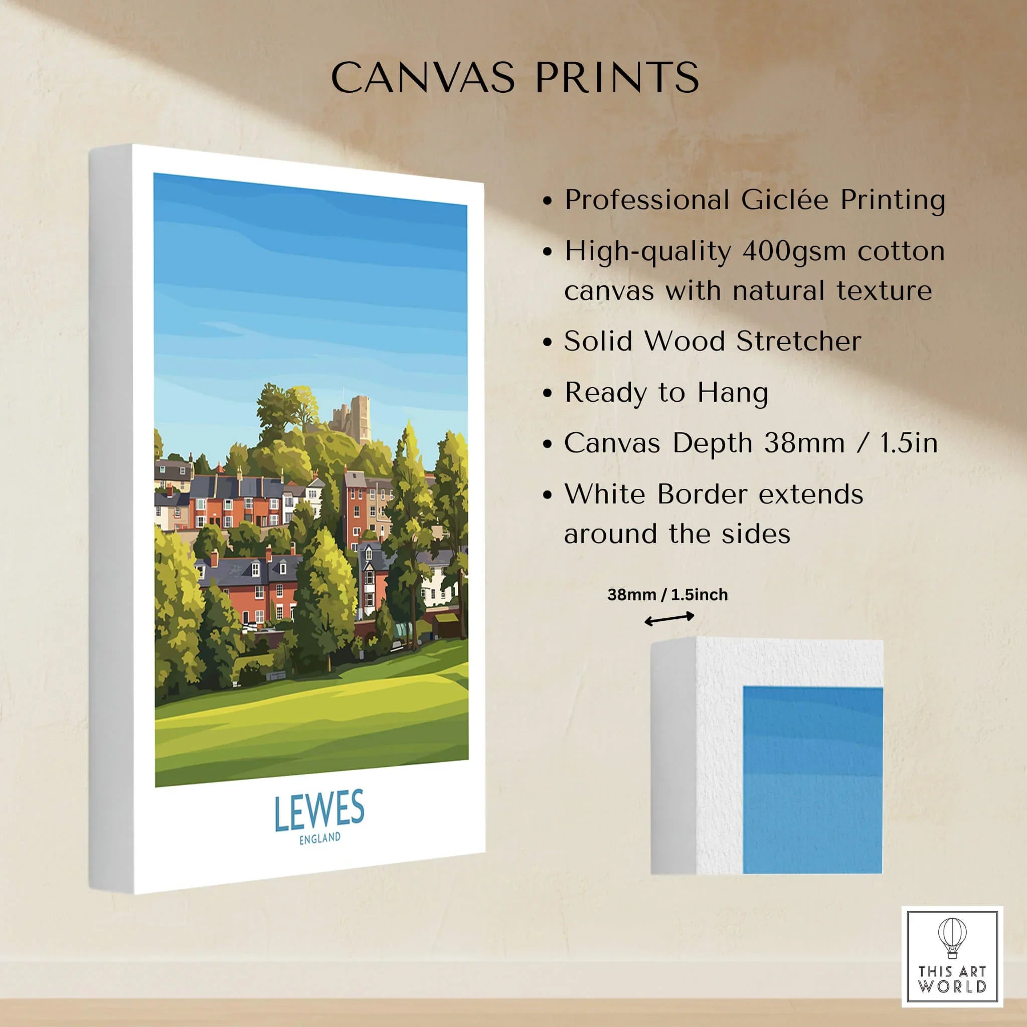 Lewes England travel poster canvas print with colorful town and castle, high-quality stretched cotton canvas, ready to hang.