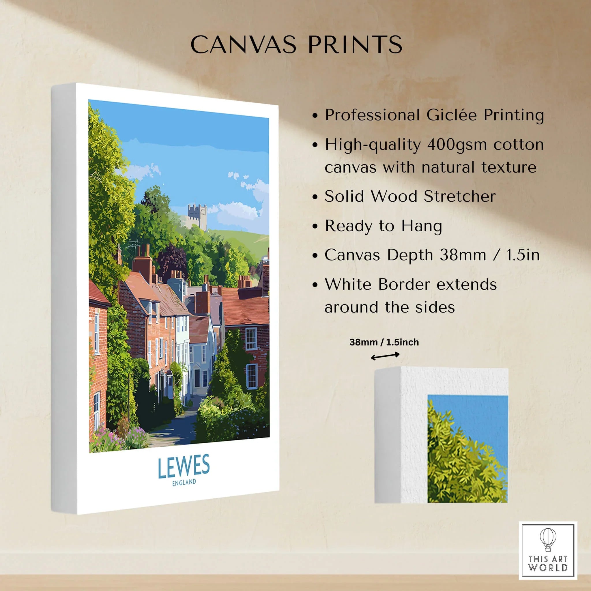 Lewes England canvas print featuring colorful town houses, greenery, and a distant castle, with product details about cotton canvas, giclée printing, and white border.