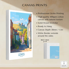 Lewes England canvas print with colorful street and castle, 38mm stretched cotton art