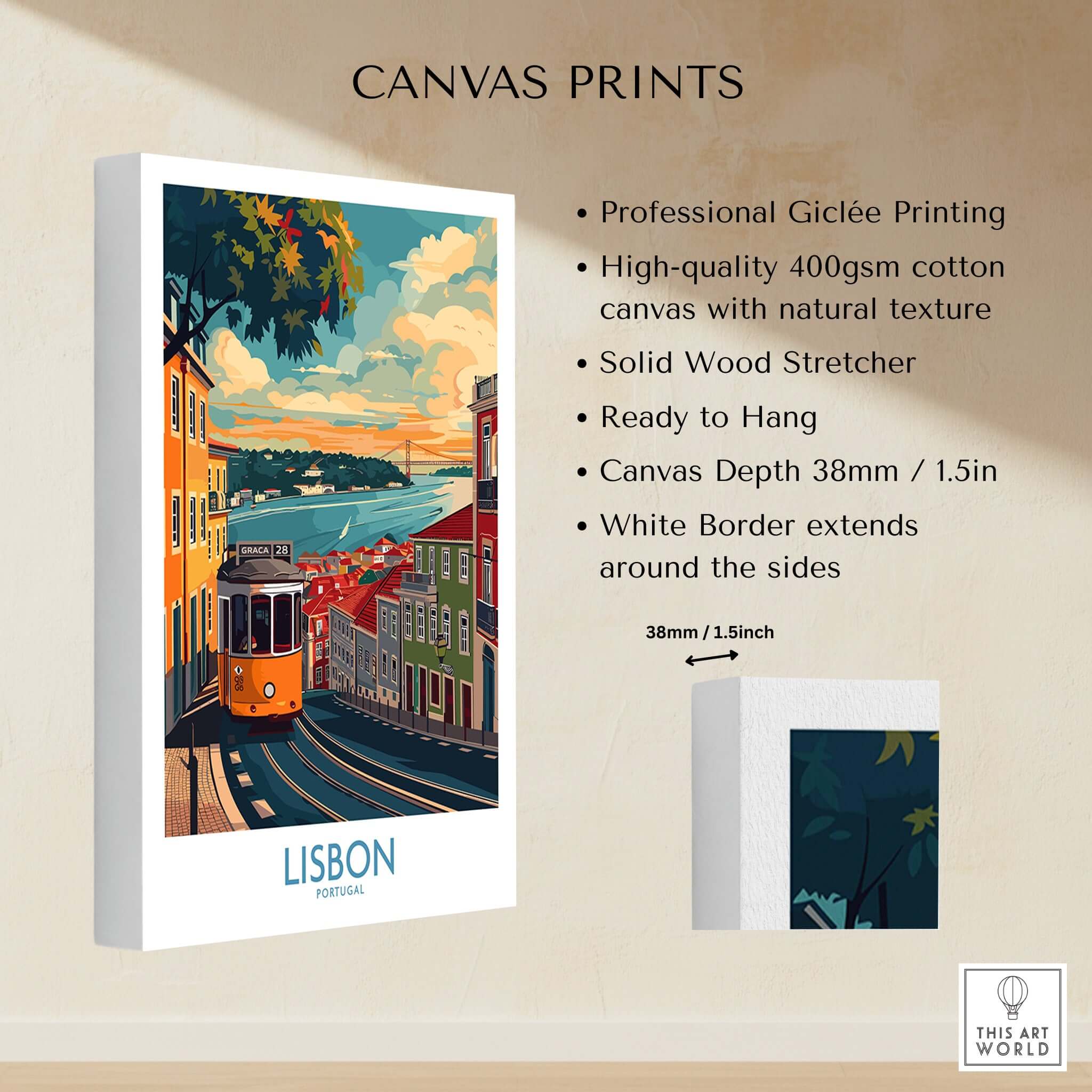 Lisbon Print - Portugal featuring vibrant Giclée printed canvas of the iconic yellow 28 tram and scenic view.