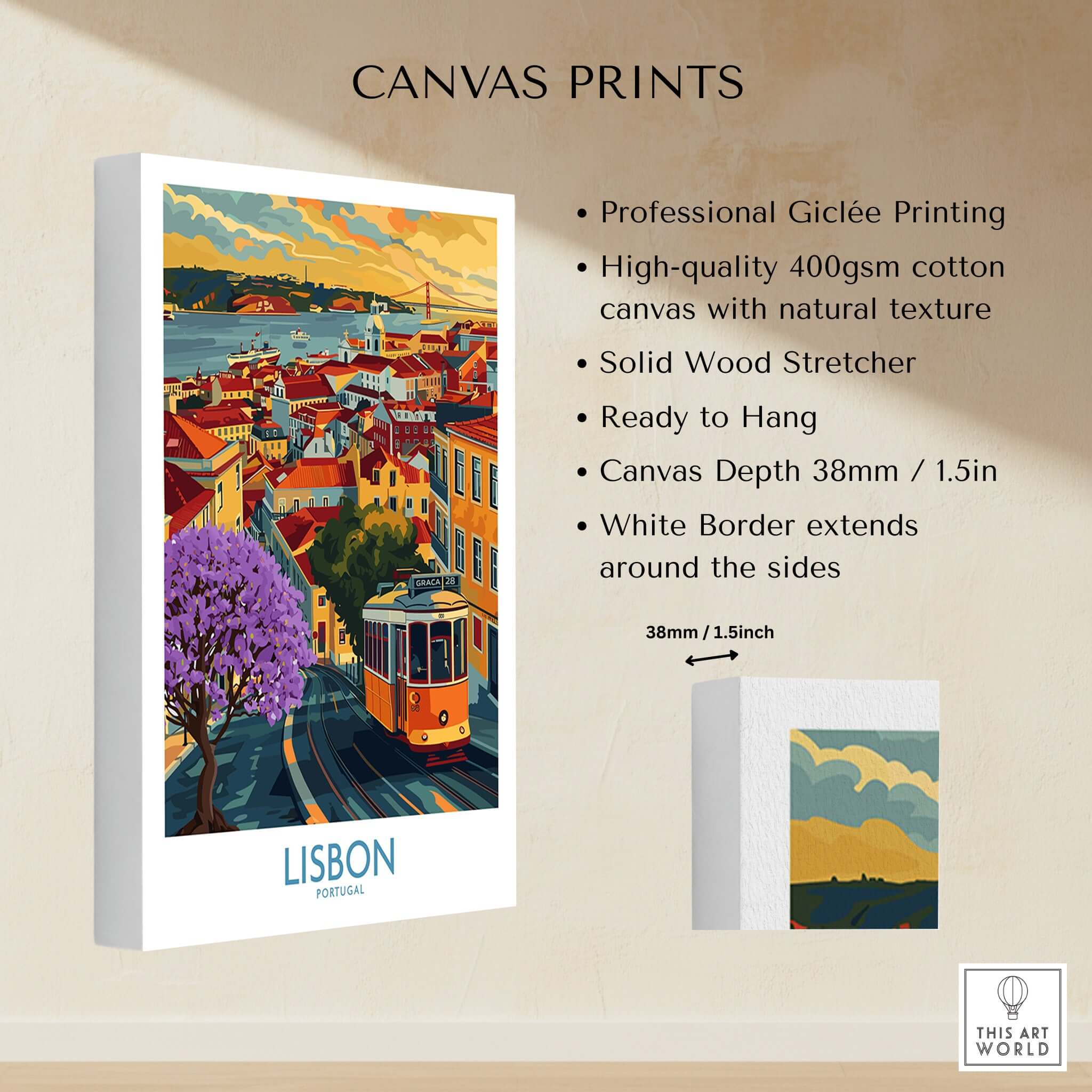 Lisbon Art Print showcasing vibrant streets and tram 28, perfect for adding wanderlust to your home decor.