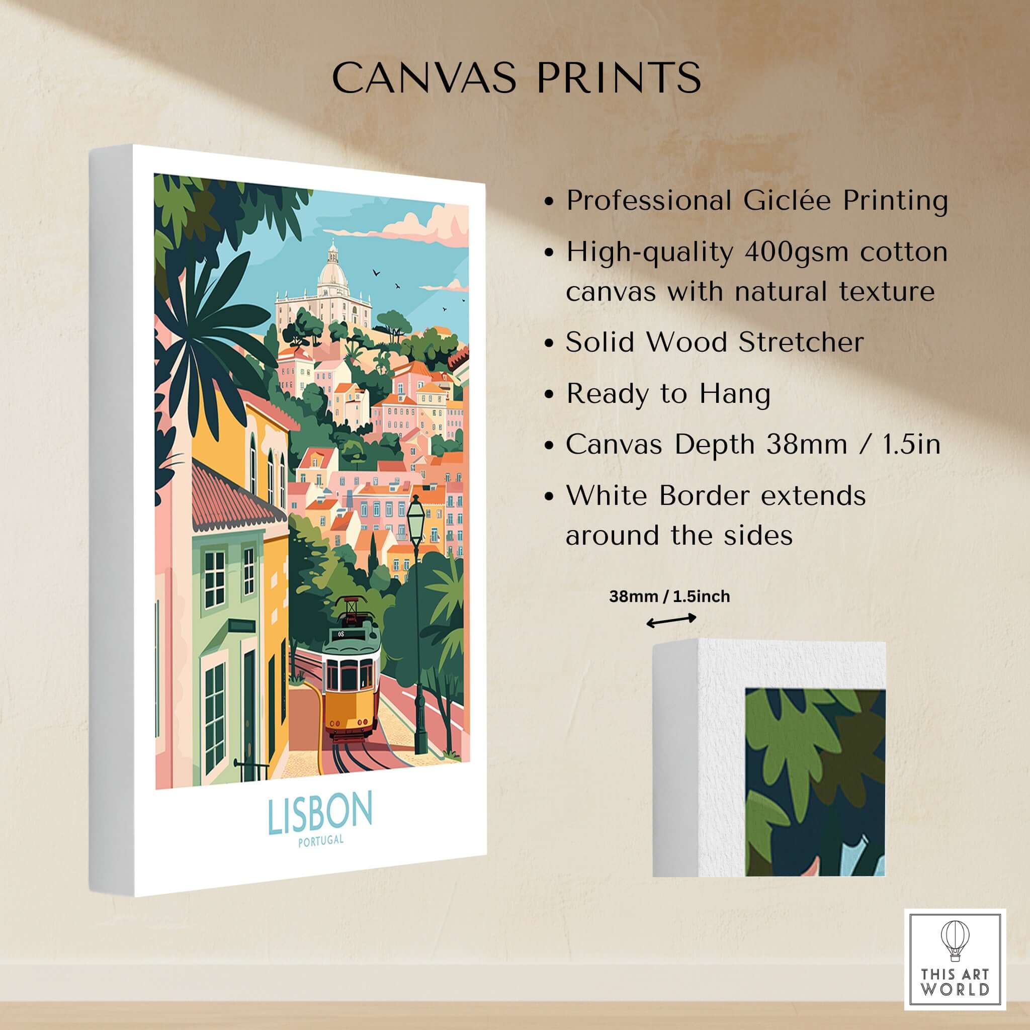 Lisbon Art Travel Print featuring vibrant colors and iconic tram, perfect for art collection and travel inspiration.