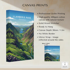Llanberis Pass Snowdonia landscape canvas print with green mountains and blue sky