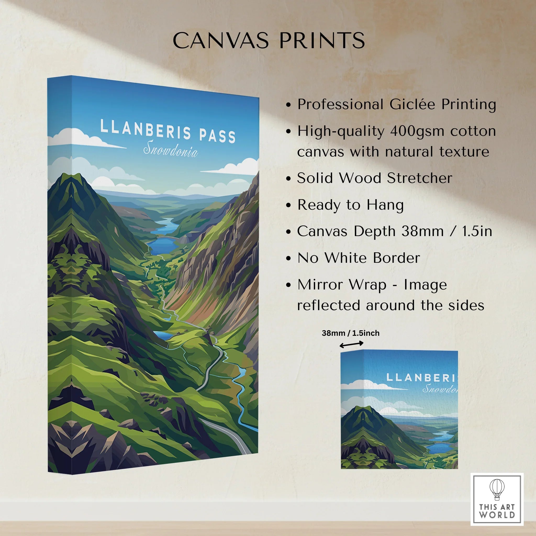 Llanberis Pass Snowdonia landscape canvas print with green mountains and blue sky