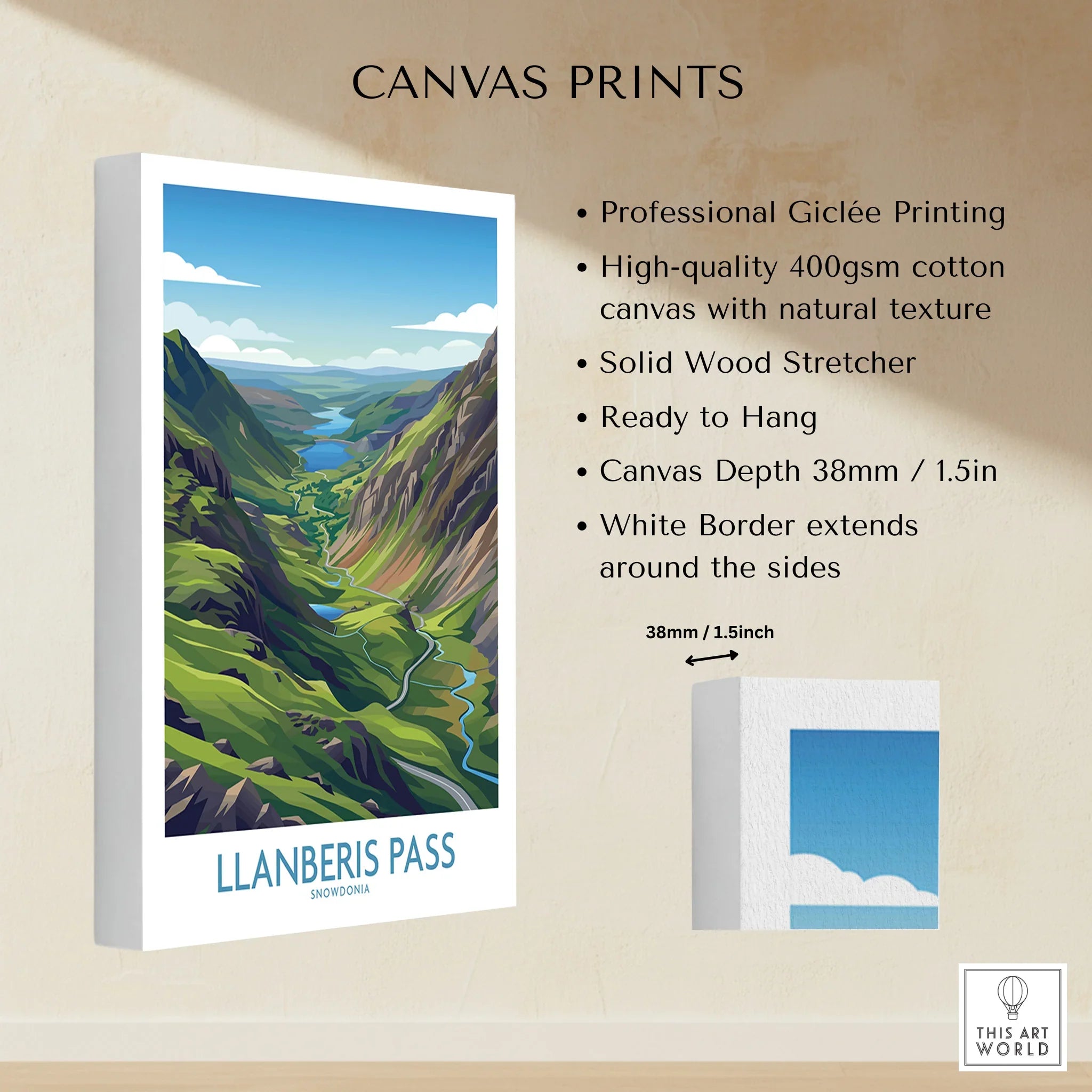 Llanberis Pass Snowdonia canvas art print featuring a scenic mountain valley landscape.