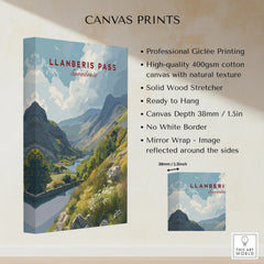 Llanberis Pass Snowdonia canvas print with mountain scenery and detailed product features.