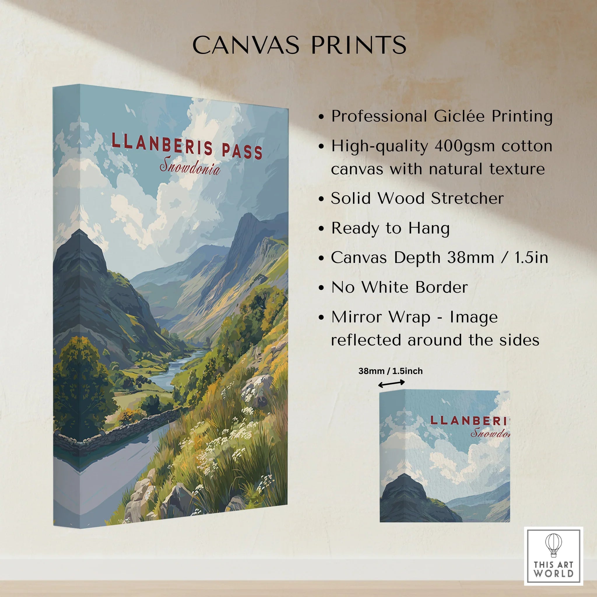 Llanberis Pass Snowdonia canvas print with mountain scenery and detailed product features.