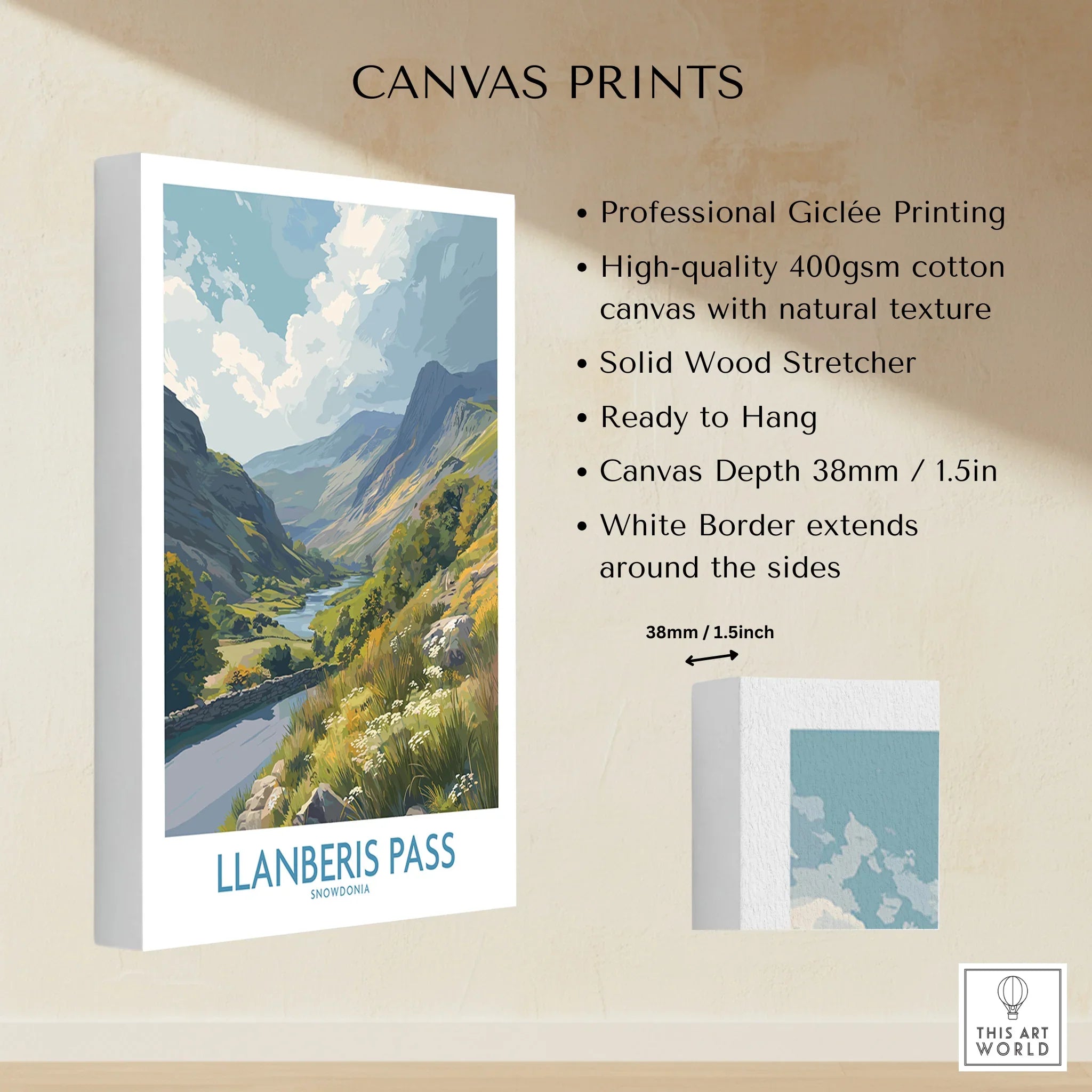 Llanberis Pass Snowdonia landscape canvas print with mountains and river, stretched cotton art