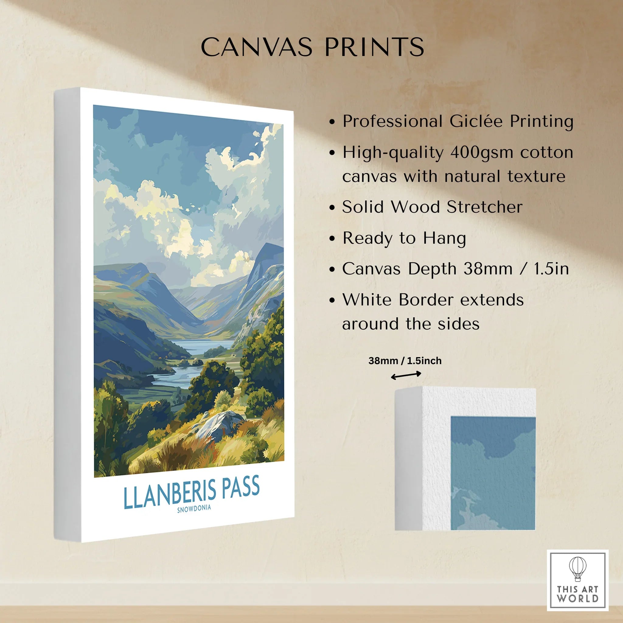 Llanberis Pass Snowdonia landscape canvas wall art, stretched cotton canvas print, ready to hang