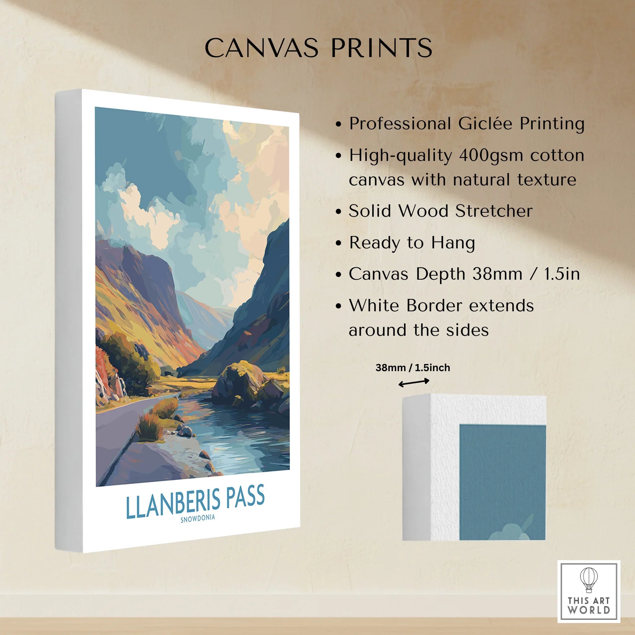 Canvas print of Llanberis Pass, Snowdonia landscape, stretched on cotton with white border.