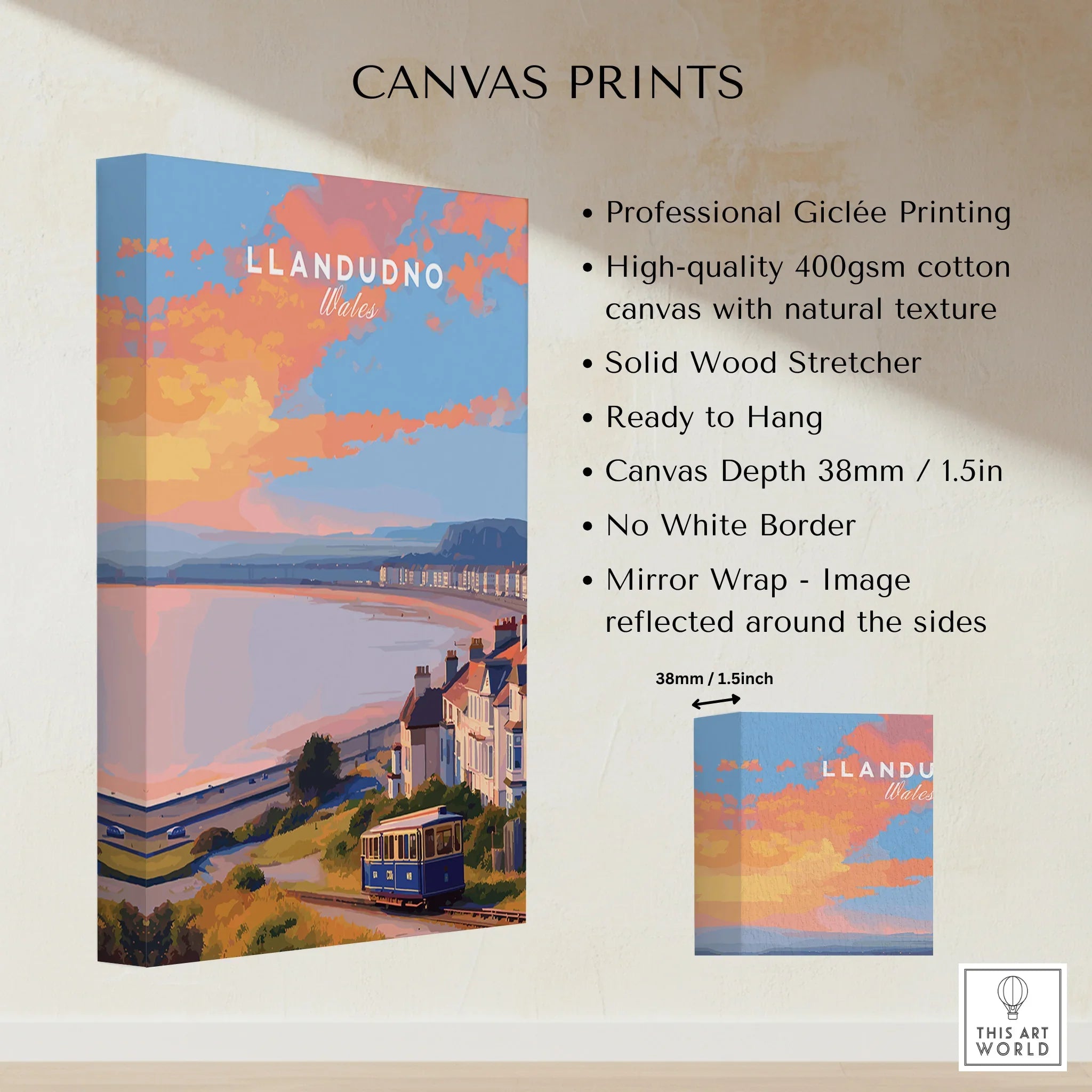 Llandudno Wales stretched canvas print with coastal artwork and colorful sunset, wall art details shown.