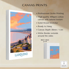 Llandudno Wales canvas print featuring a sunset coastal scene with tram and cotton texture.