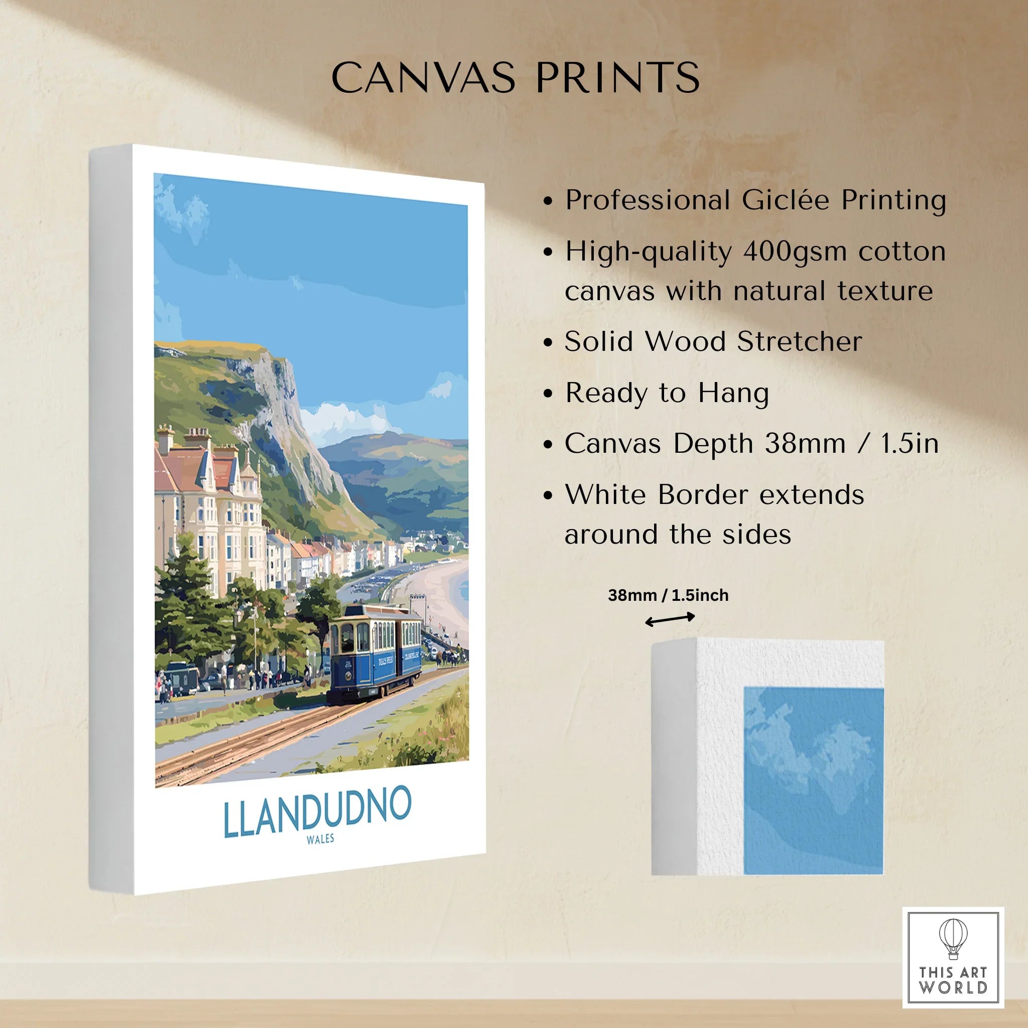 Llandudno Wales canvas print featuring vintage tram, coastal landscape, and seaside architecture