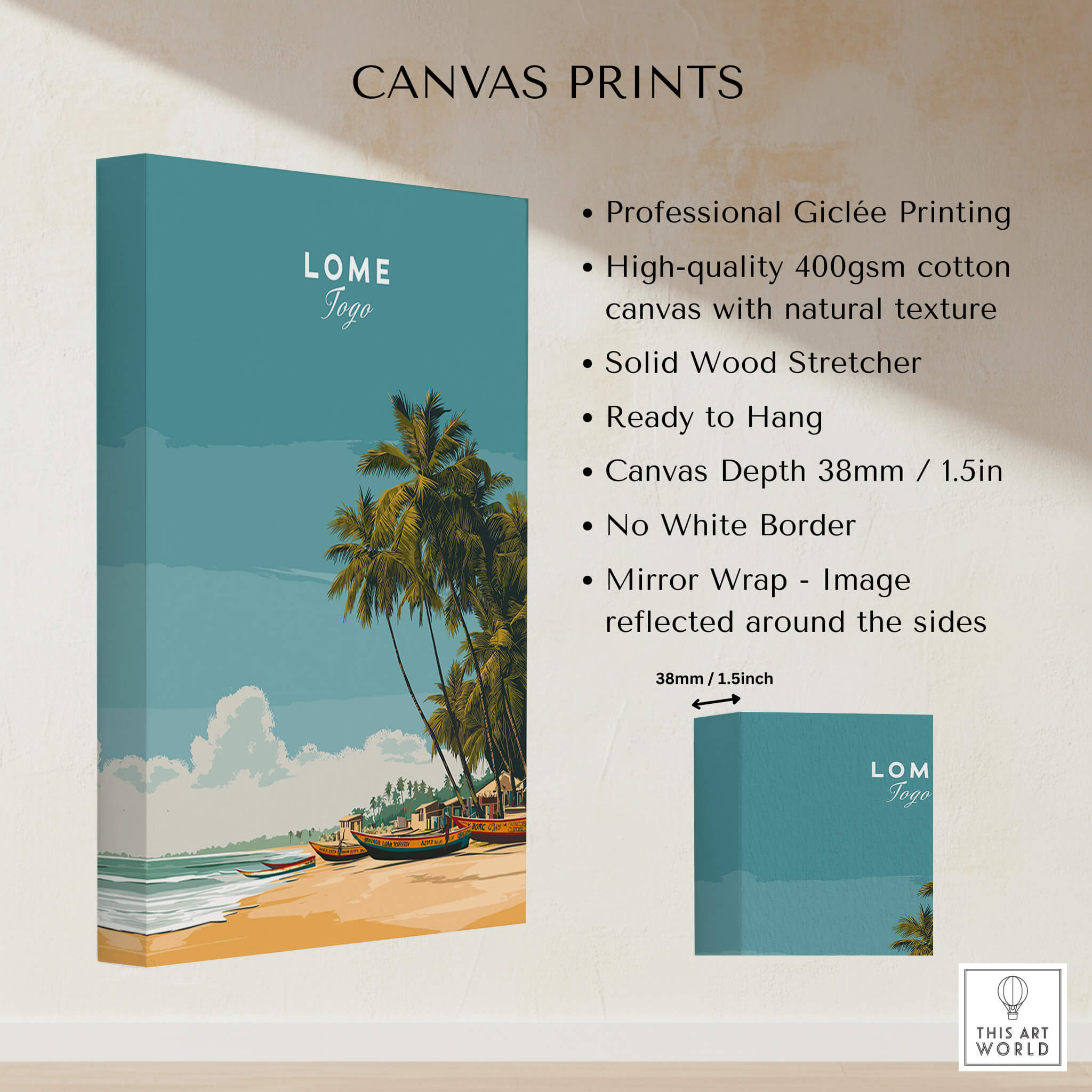 Lomé Togo Travel Posters | West African Beach & Palms Wall Art Print showcasing canvas print features.