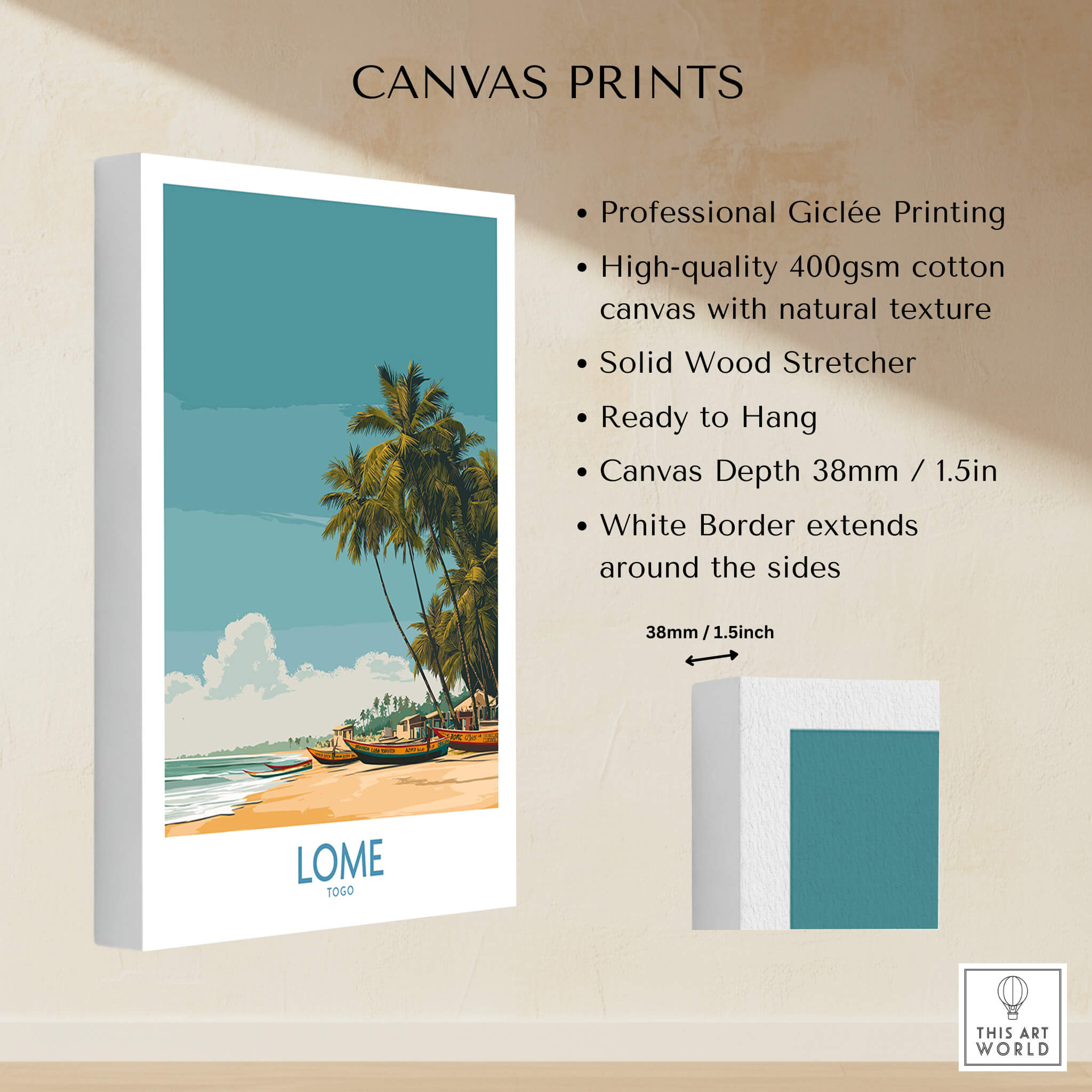 Lomé Togo Canvas Print | Tropical Coastal Village Scene Posters showcasing professional Giclée printing and high-quality canvas.