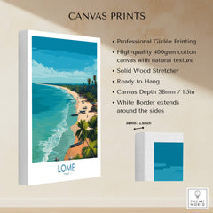 Lomé Togo Poster | West African Coastline Canvas Print showcasing vibrant beach scene and solid wood stretcher.