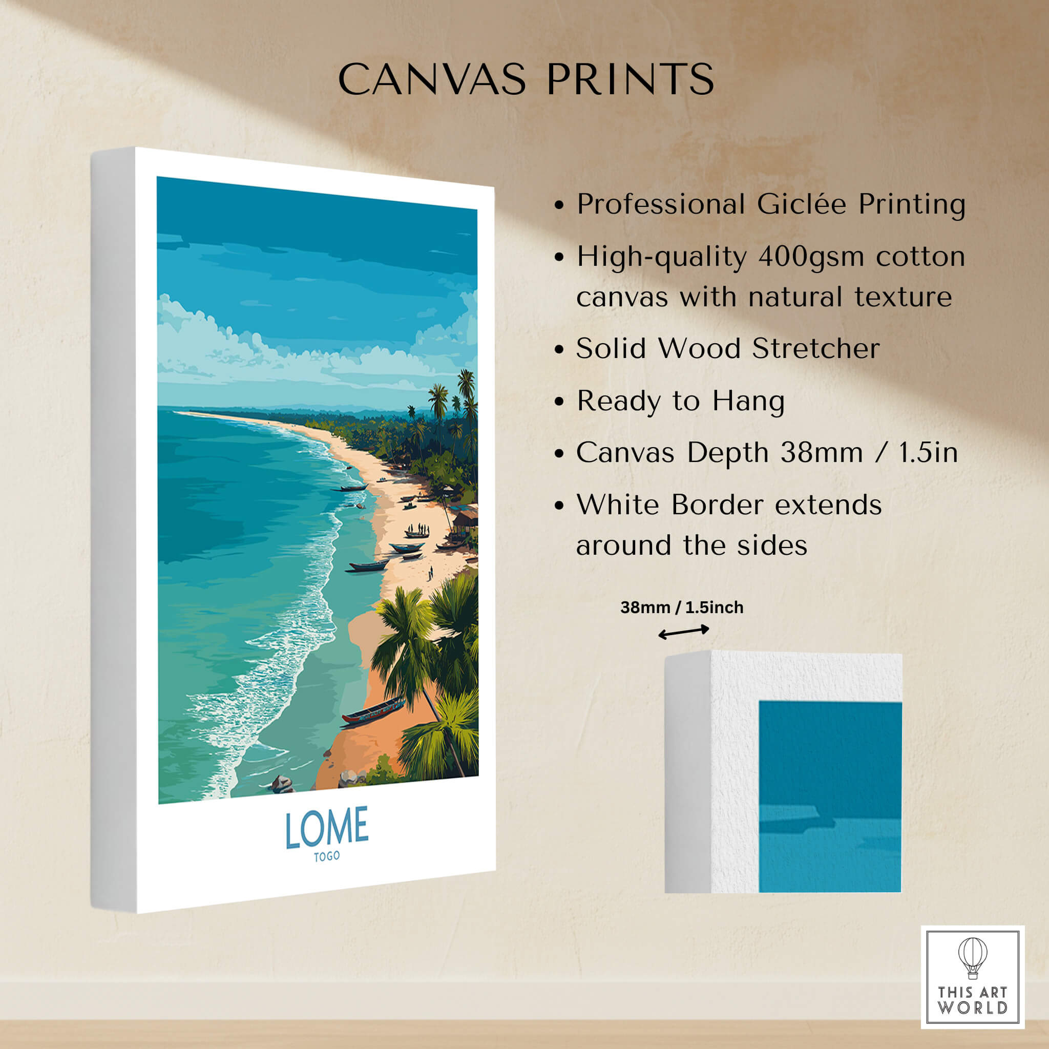 Lomé Togo Poster | West African Coastline Canvas Print showcasing vibrant beach scene and solid wood stretcher.