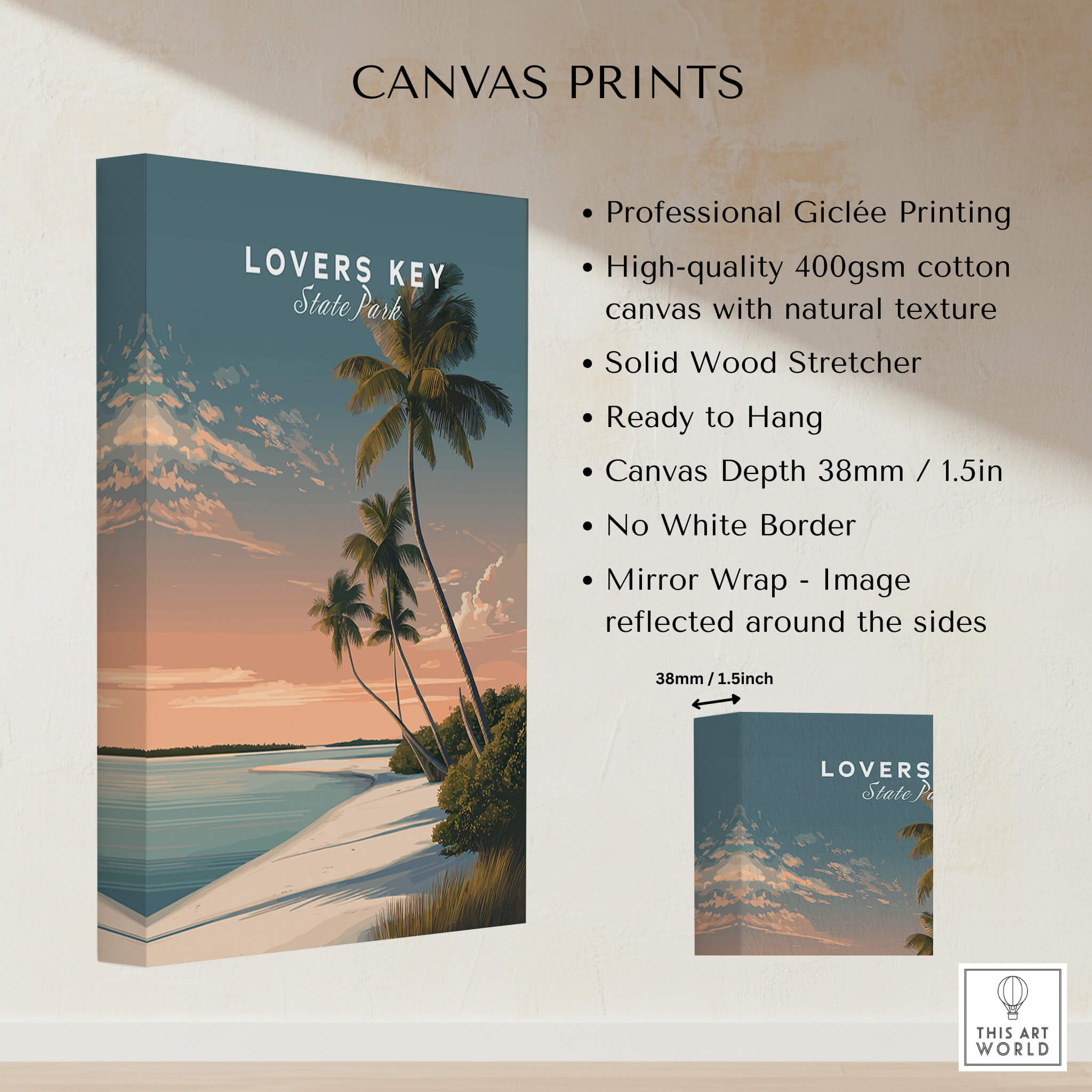 Lovers Key Travel Poster | Florida Sunset Palm Trees Wall Art Print showcasing stunning giclée art print with palm trees and coastline.