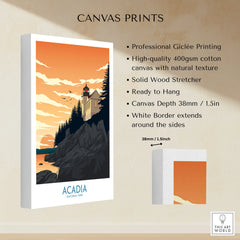 Acadia National Park canvas print with lighthouse art, sunset sky, and product details.