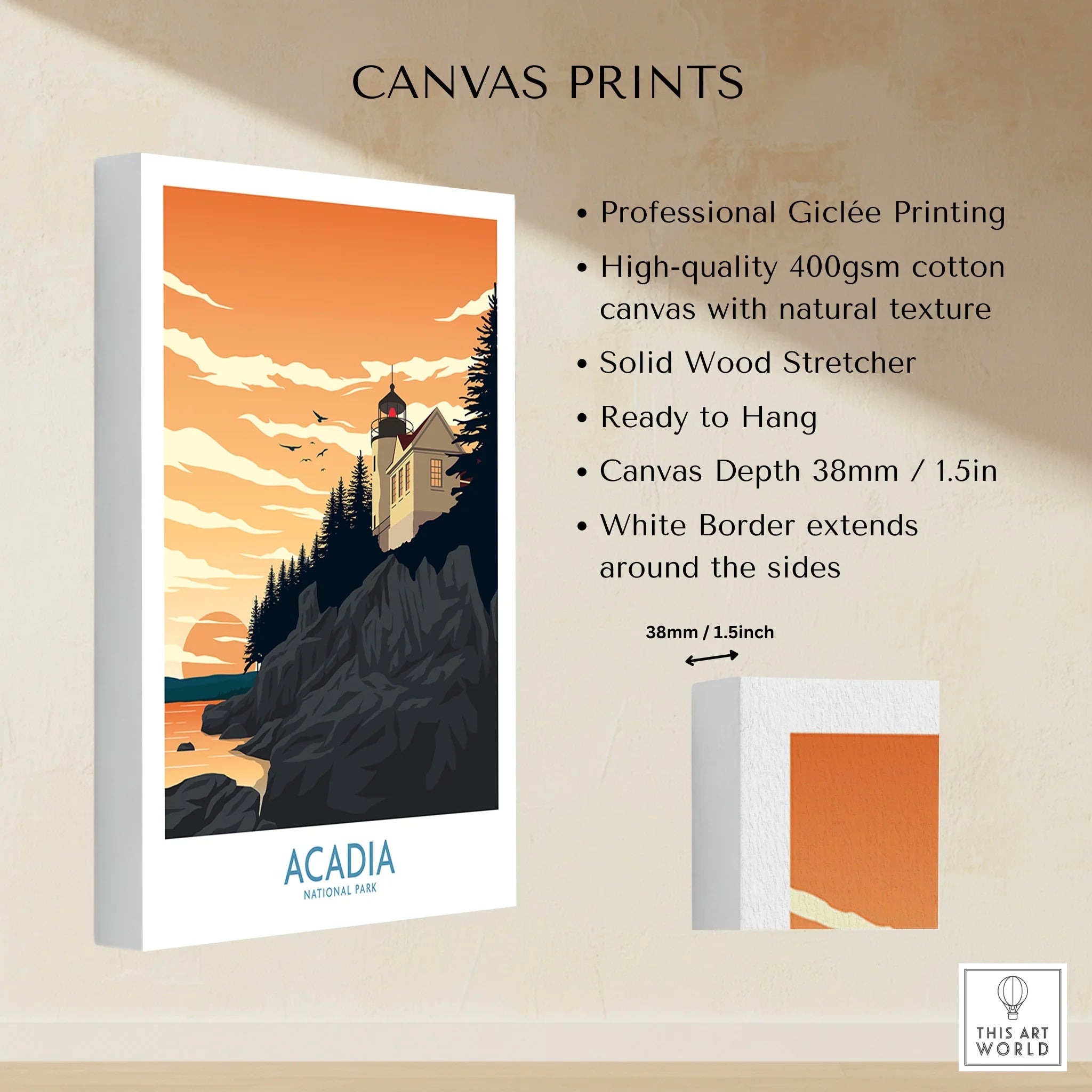 Acadia National Park canvas print with lighthouse art, sunset sky, and product details.