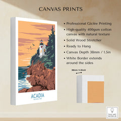 Acadia National Park art print on stretched cotton canvas with lighthouse and rocky coast.