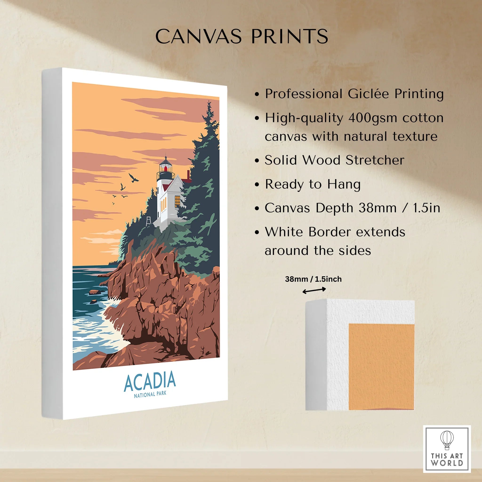 Acadia National Park art print on stretched cotton canvas with lighthouse and rocky coast.