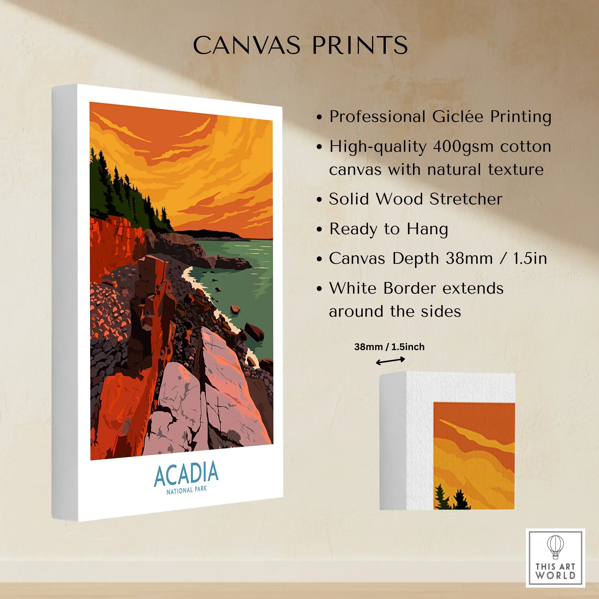 Acadia National Park canvas print with vibrant sunset coast, cotton canvas, and white border.