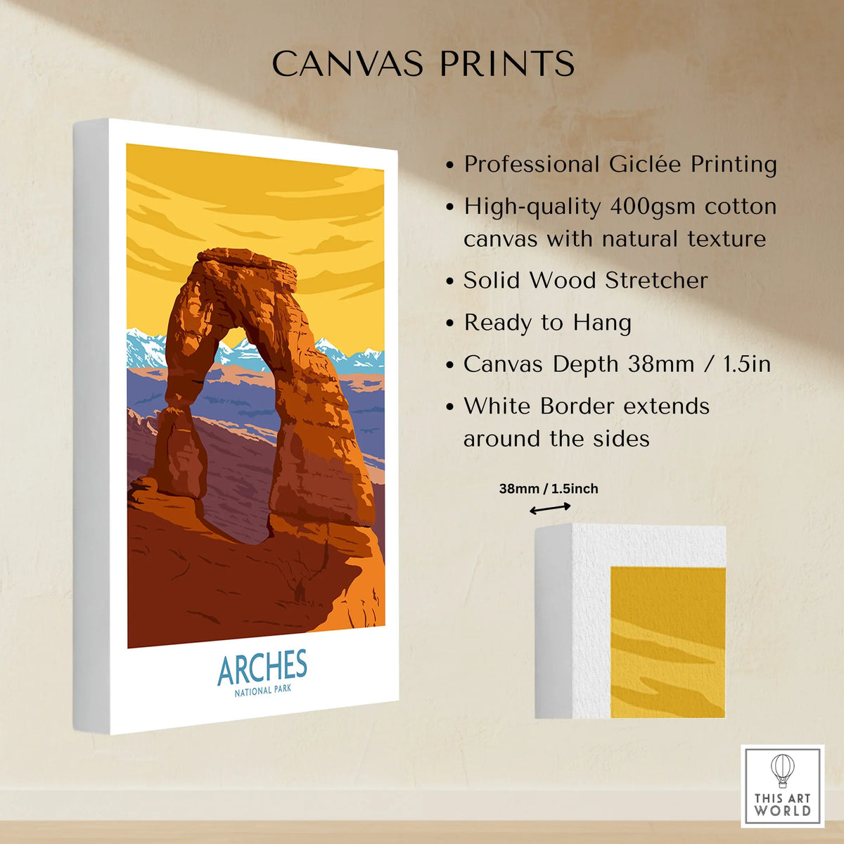 Arches National Park canvas print with Delicate Arch illustration and product features listed.