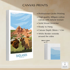 Badlands National Park canvas print with illustrated bison, rock formations, and sky, ready to hang.